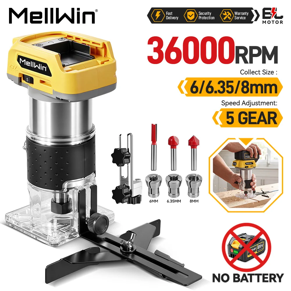 MELLWIN 5 Speeds Brushless Electric Wood Router Cordless Electric Trimmer Wood Trimming Engraving For Makita 18V Battery Pin