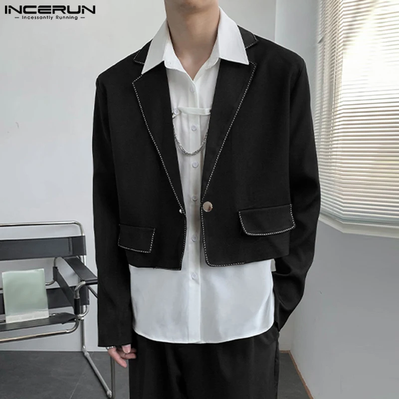 INCERUN 2023 Men\'s Blazer Patchwork Long Sleeve Lapel One Button Streetwear Crop Coats Autumn Fashion Male Casual Suits S-5XL