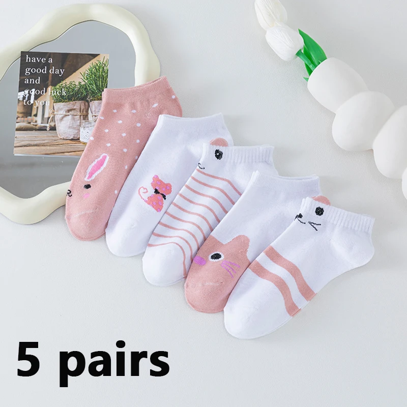 5 Pares de Meias Curtas Femininas, Rosa com Estampa de Gato, Finas, Fofas, Meias Invisíveis para Todas as Estações, Meias Invisíveis Modernas