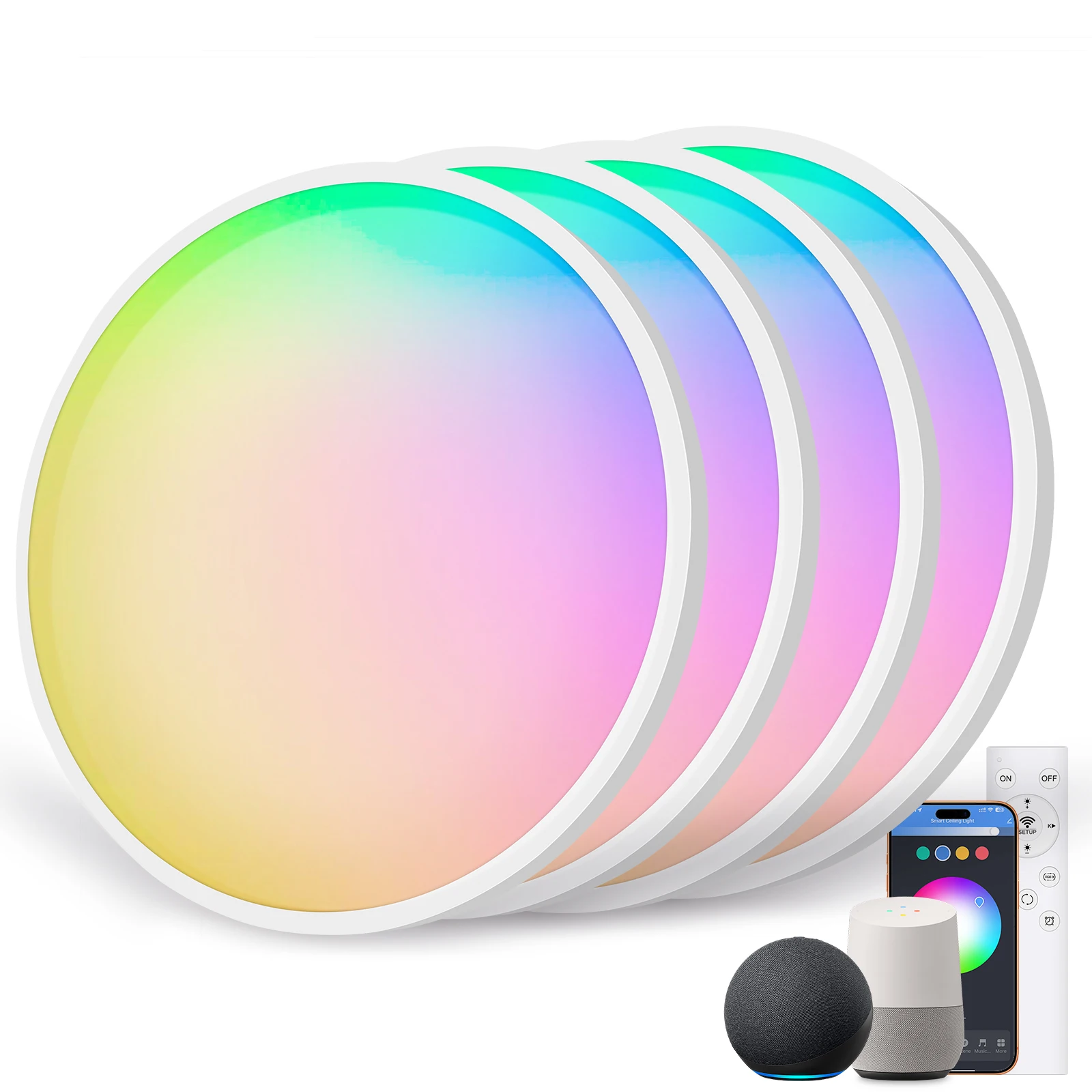 4er-Set RGB Smart LED Deckenleuchte 30cm 24W – Alexa-kompatibel, dimmbar, 16 Millionen Farben mit Fernbedienung, IP54 für Schlafzimmer und Wohnzimmer