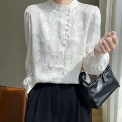 Light National Wind Snow Spun Shirt for Women in the Workplace Spring Long Sleeve Stand Up Collar Shirt Chinese Printed Commuter