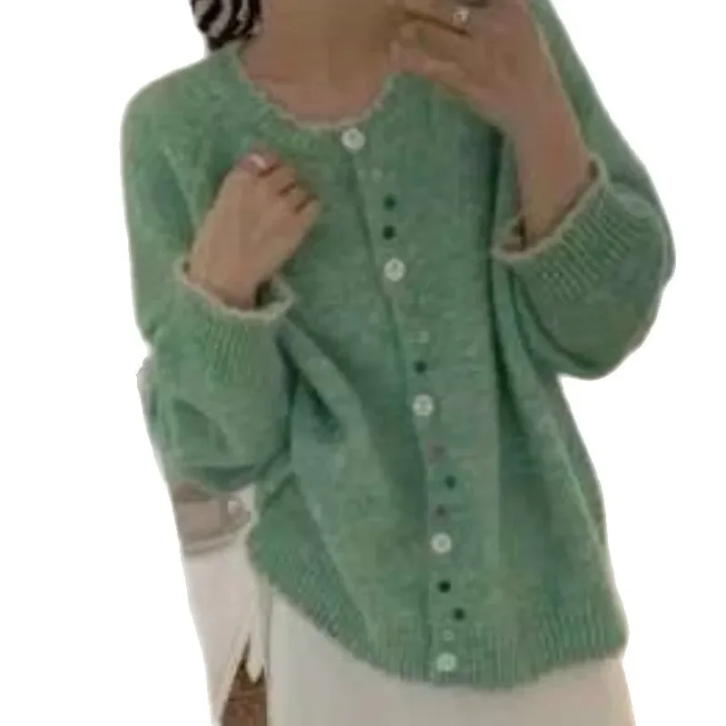 Colorful Button Design Comfortable Commute Retro Korean round Neck Knitted Open Cardigan Women's Loose Soft Sweater Outerwear