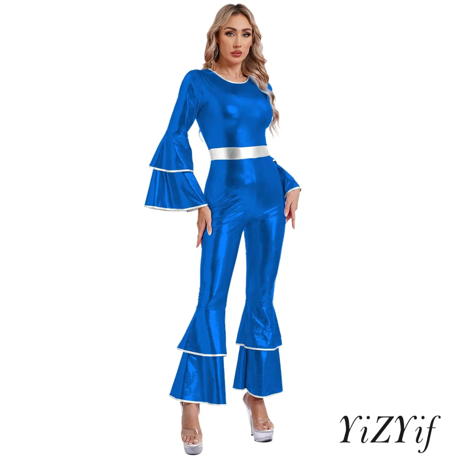 70s ديسكو خمر تأثيري حلي معدنية جرس أسفل طويل بانت بذلة جرس أسفل الجاز Dancewear كرنفال الهذيان زي حفلة #1