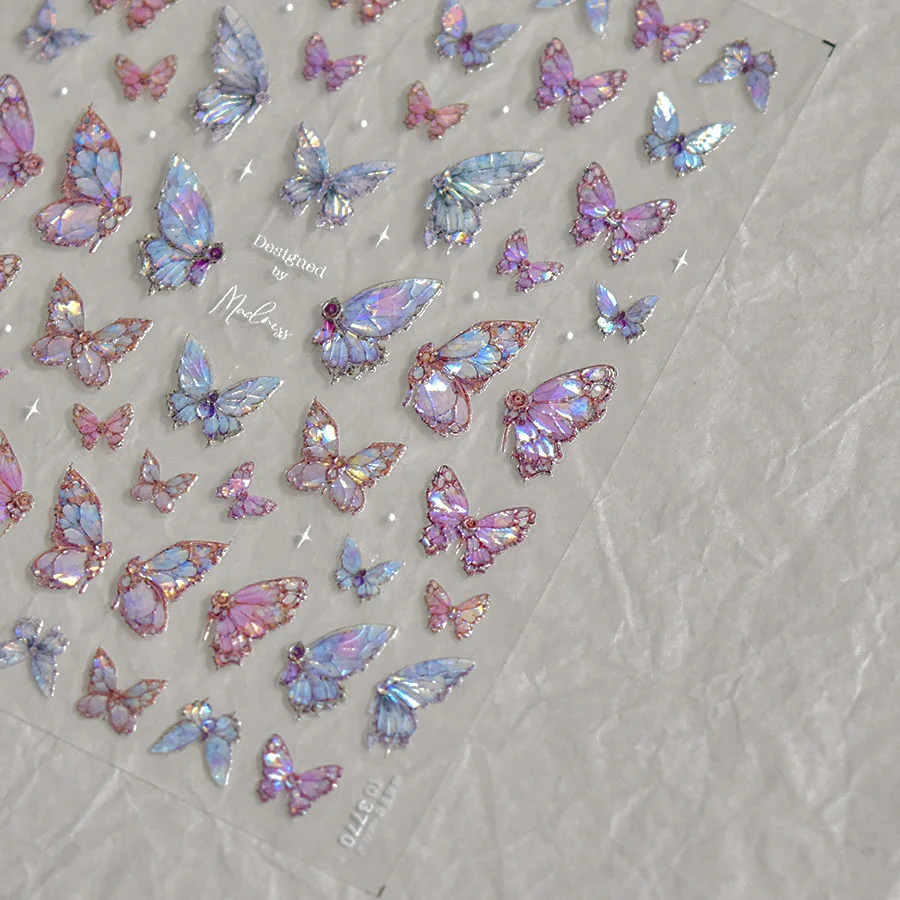Vibrant Purple Holographic Butterfly 5D Nail Art Sticker Enchanting Metallic Wings Self Adhesive Decoration Manicure Decal DIY