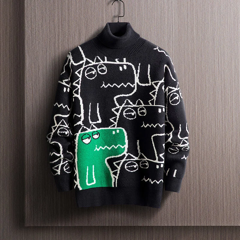 

S Men' Turtleneck Pullovers Winter New Loose Little Dinosaur Cartoon Pattern Lovely Long Sleeve Tide Sweater Ins Trend