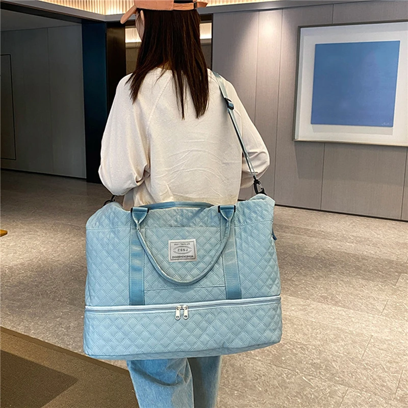 Women Storage Bags Oxford Cloth Folding Handbags Large Capacity Diamond Lattice Hand Luggage Travel Duffel Bags Multifunctional