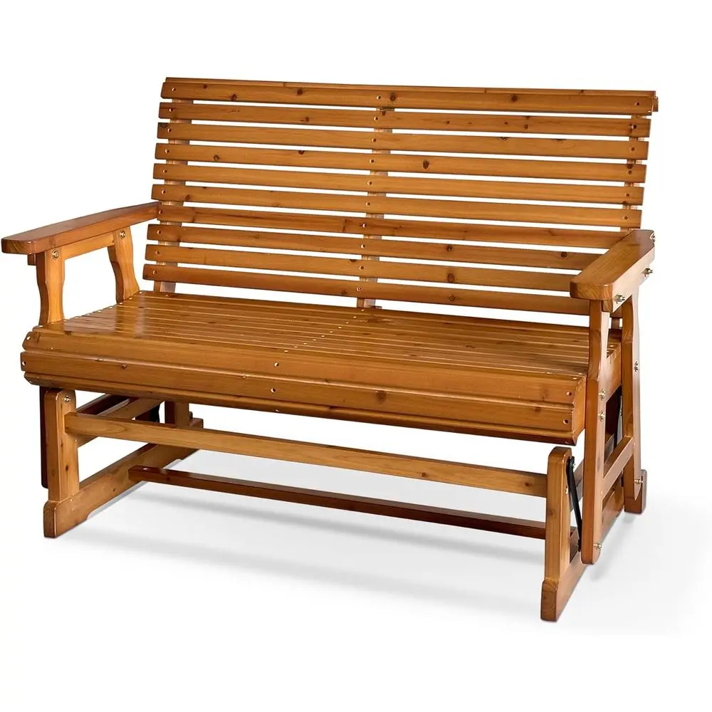 

Wooden 2-Seater Patio Glider with High Back and Deep Seat, Solid Teak Wood, 800 lbs Capacity, Brown PU Finish