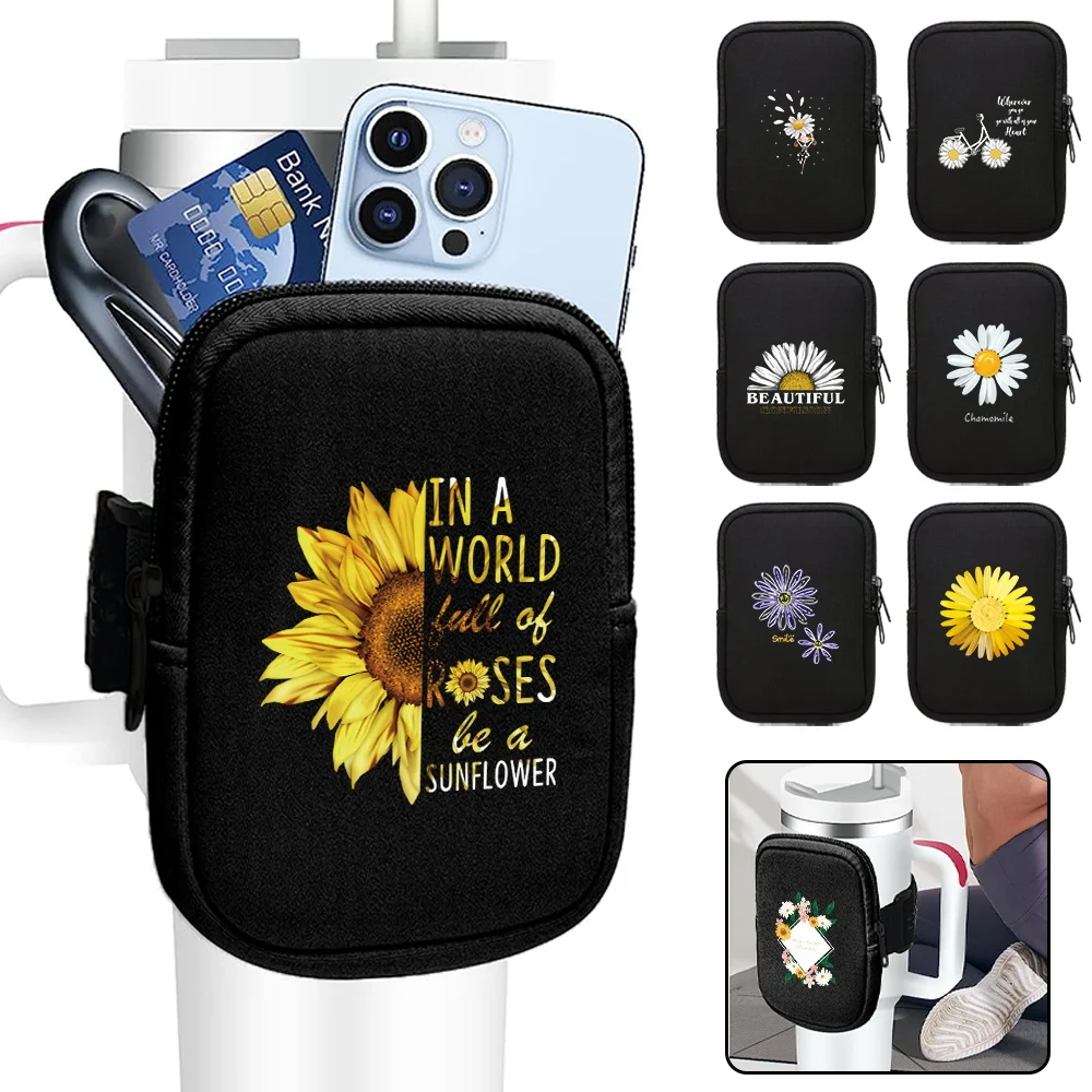 Water Bottle Pouch Daisy Series for Stanley Quencher 40oz Stanley IceFlow 20/30oz,tumbler Pouch with Pocket, for Cards, Keys