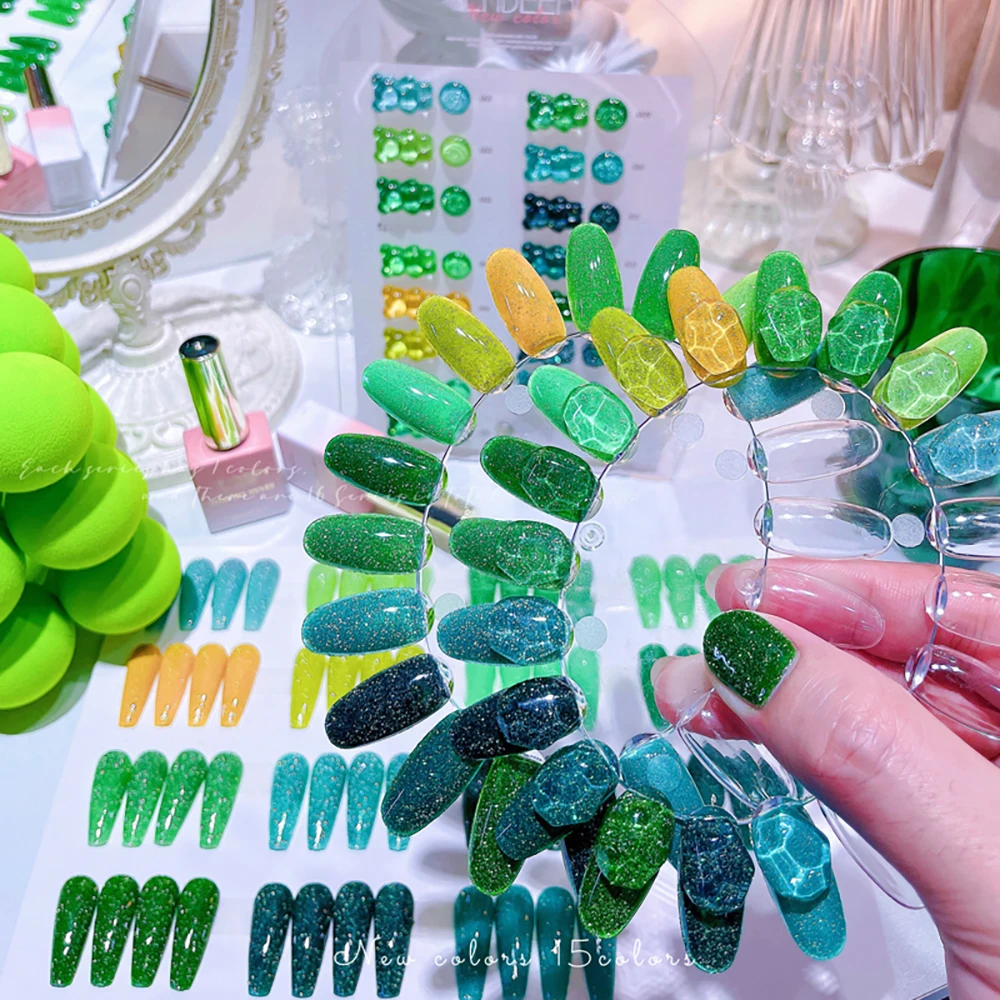 Vendeeni TPO HEMA FREE 15 Farben Grüner Glitzer Broken Diamond Gel Nagellack Set Flash UV LED Soak Off Gel Lack mit Display – Detail 10