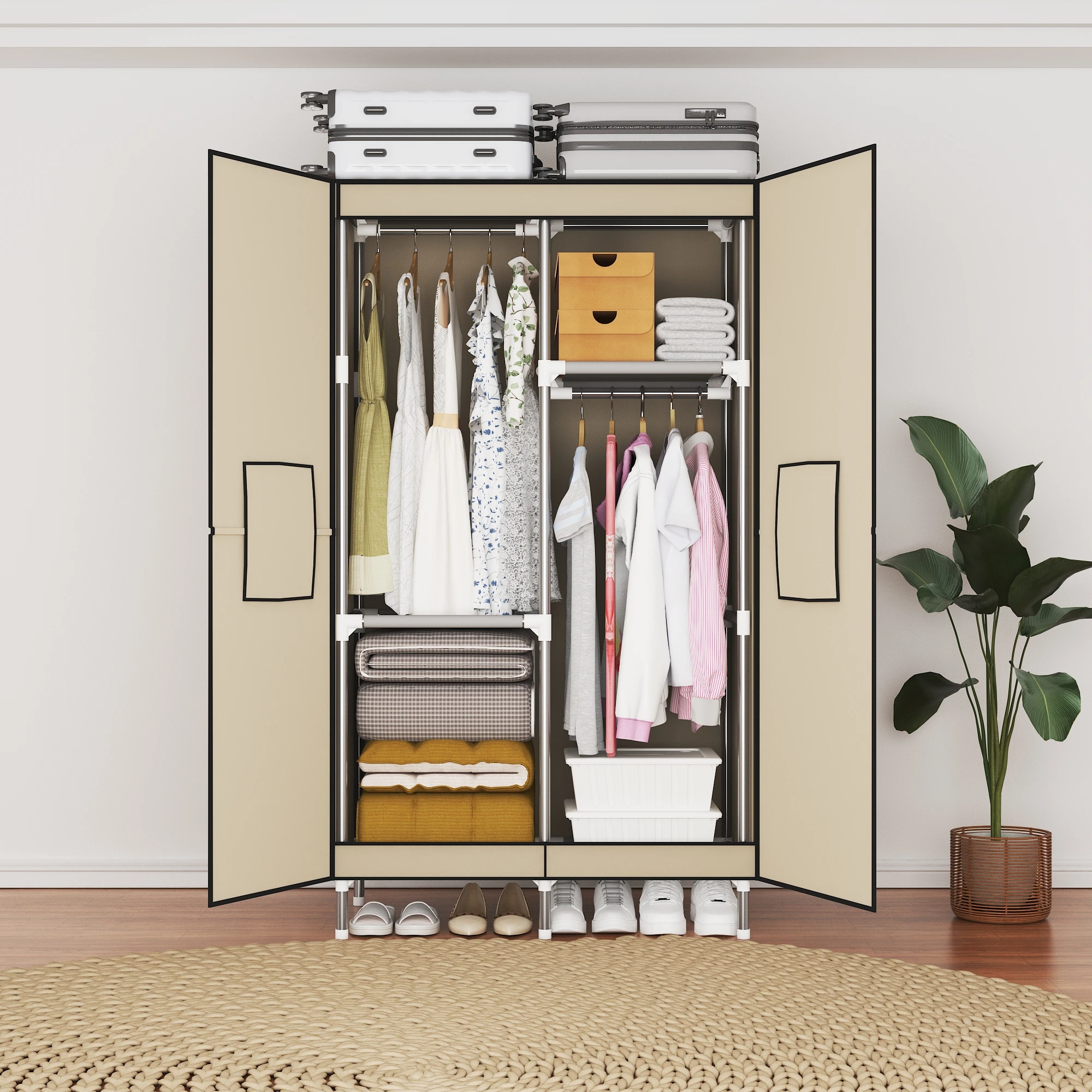 Picture 3: Portable Wardrobe: Large-Capacity Multi-Functional Clothing Organizer (2 Hanging Rod + 2 Storage Compartment)