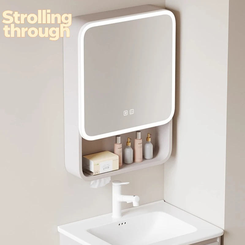 

‌Smart LED Makeup Mirror Cabinet, Aluminum Corner Round Wall Mounted Storage, Bathroom Medicine Cabinet with Lights