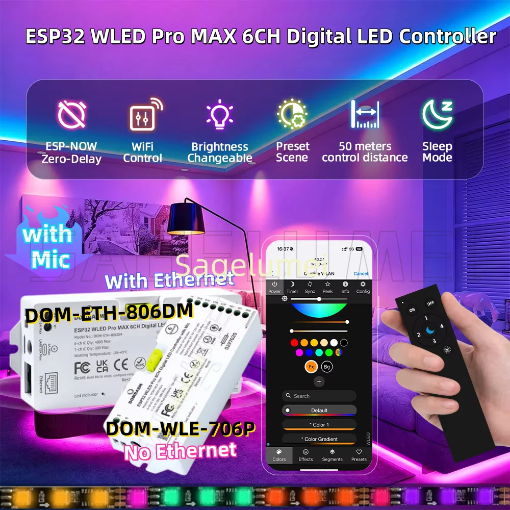 DOMRAEM New Pro MAX WLED 6CH Digital Pixel LED Controller Ethernet WiFi UART PDM Mic Relay Music Sync for WS2812B SK6812 ESP32