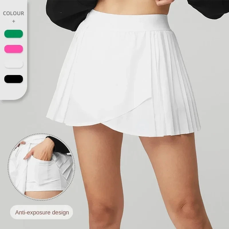 High-waisted Slimming Pleated Aces Tennis Skirt Yoga Running Dance Sports Skirt with Pockets Cross-cut and Prevent Slipping Away