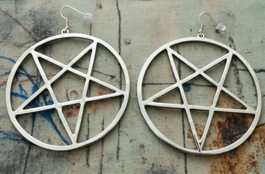 Goth Pentagram Earring Occult Halloween Wicca Large 3.4 Inches Silver Color Emo Gothic Jewelry