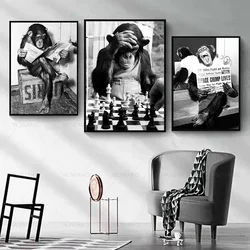 Funny Monkey Read Newspaper Play Chess Animal Poster and Print Nordic Wall Art Canvas Painting Picture For Child Room Home Decor