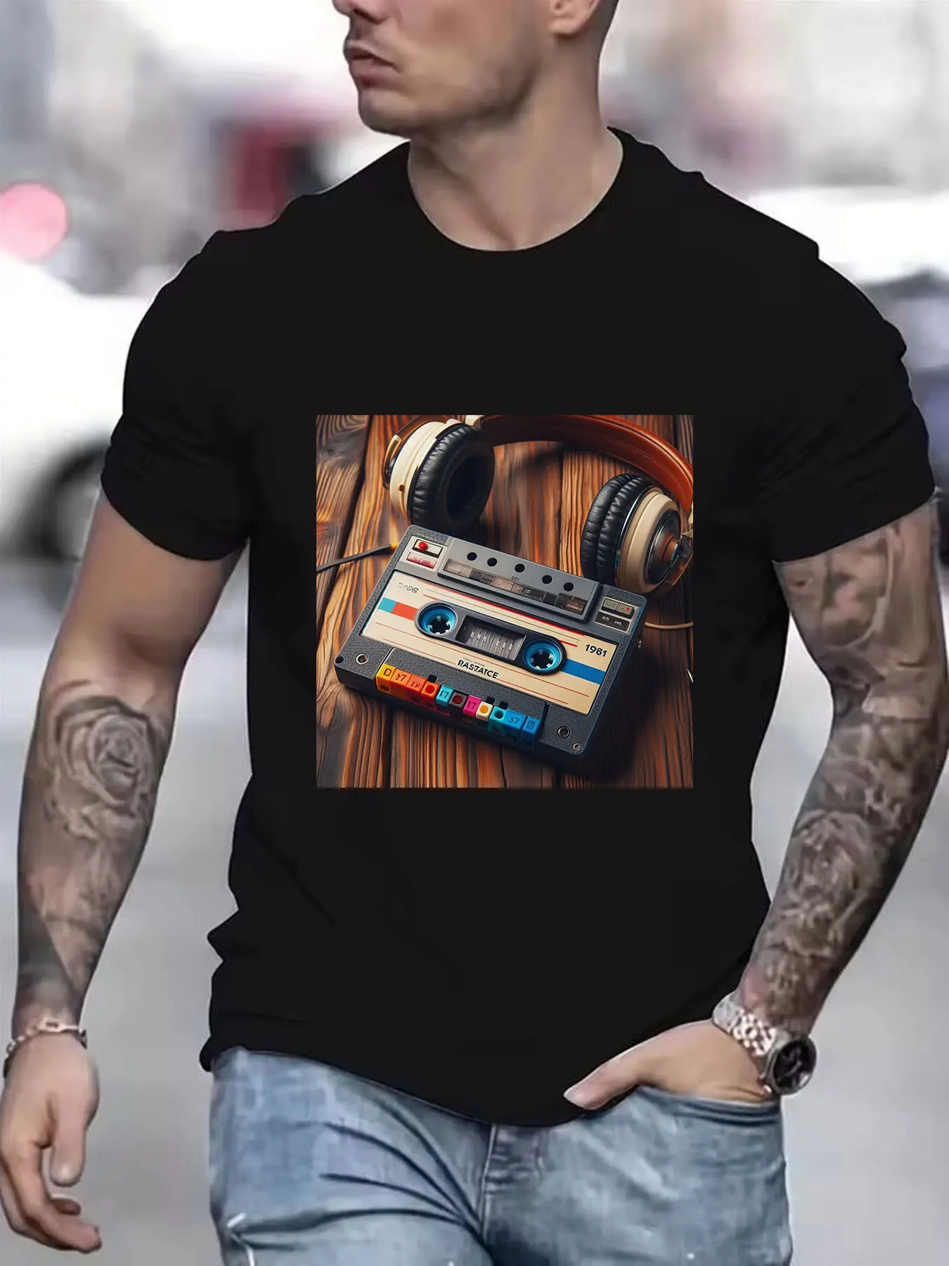 Vintage 1981 Cassette Tape Walkman Graphic Cotton T-Shirt for Men, Retro 80s Music Lover Short Sleeve Tee, Nostalgic Portable