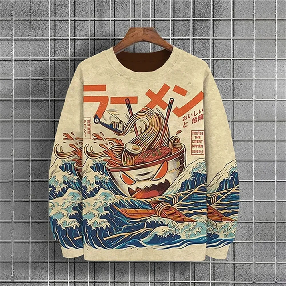 Japanese Ukiyo-e Hoodied Men's Sweatshirts Pullover Sea Wave Ramen Graphic Print Long Sleeves Hoodies Oversized Men Clothing Top