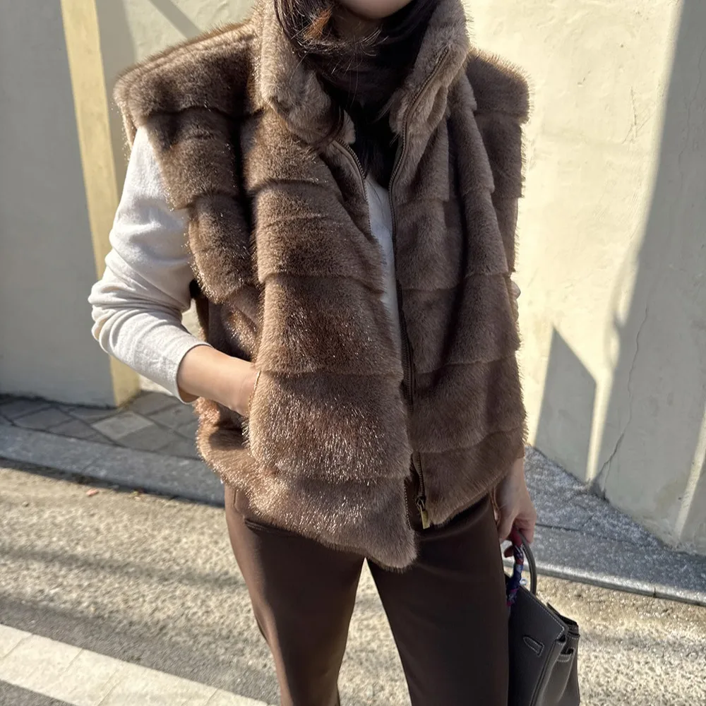 Retro Koreańska Kamizelka z Kołnierzem Stójką i Sztucznym Futrem Damska Jesienno-Zimowa Ciepła Bez Zamek Błyskawicznych Płaszcz Młodzieżowy Dojazdy Do Pracy Cała Skóra