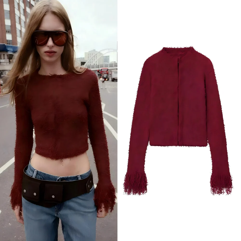 

Women's autumn fashion tassel decoration slim soft texture short knitted coat retro long sleeved women's coat chic top