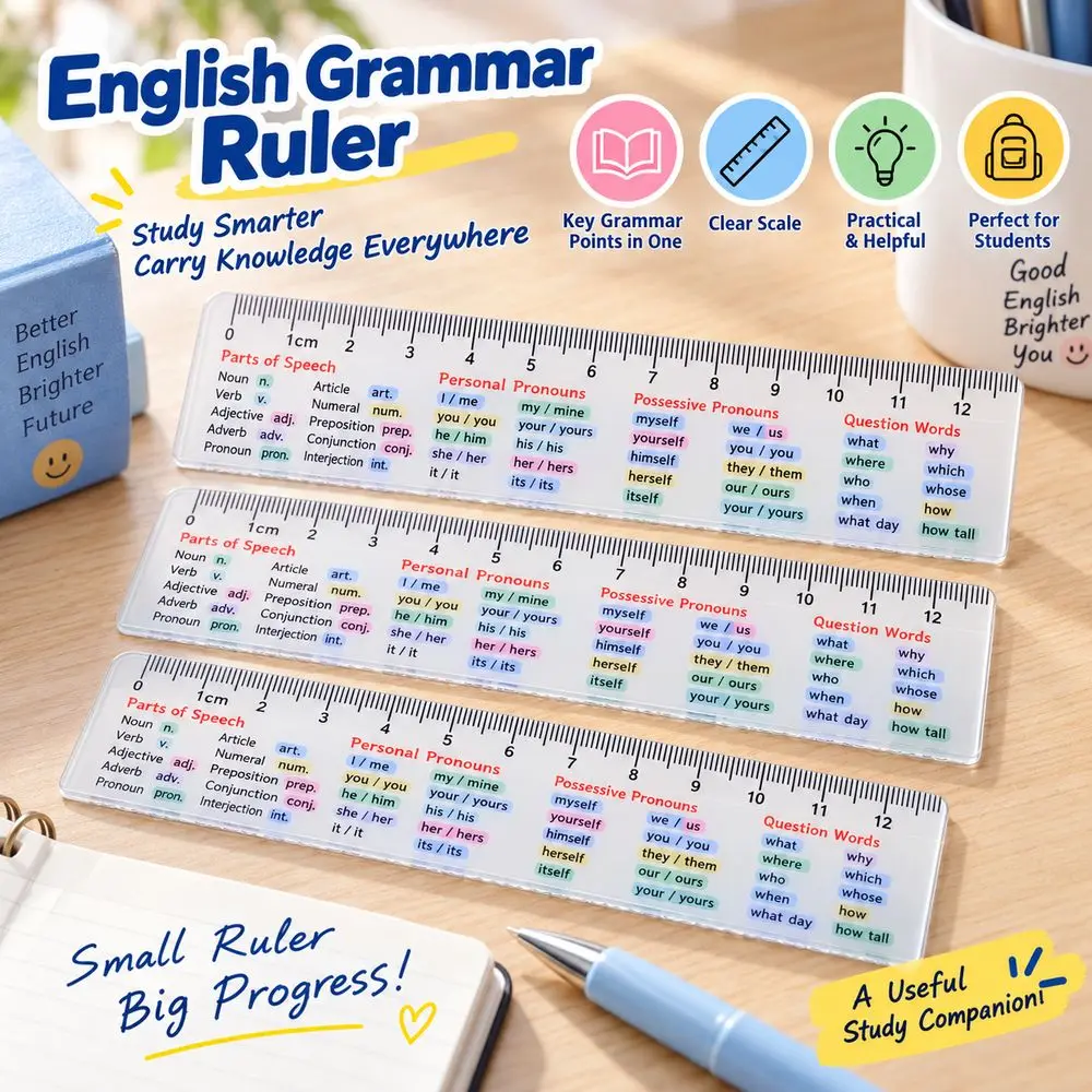 Portable Straight Edge English Ruler Printed Reference Chart Multifunctional Pronoun Ruler Compact Reference Ruler English Study