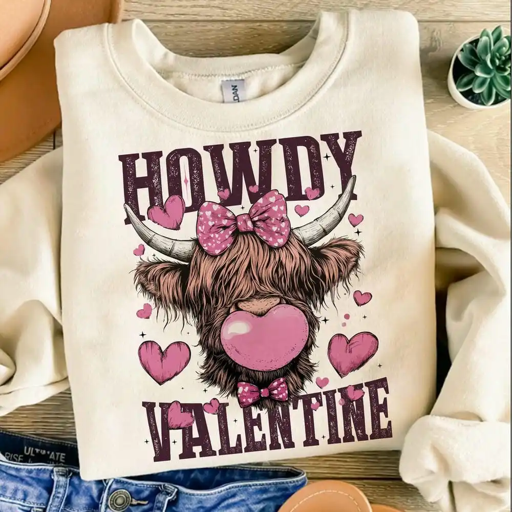 Howdy Valentine Western Valentines Day Sublimation Sweatshirt Howdy Valentine Casual Roundneck Fleece Sweatshirt Y2K Streetwear