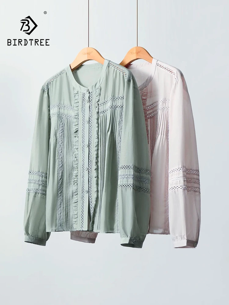 

BirdTree-27%Silk 73%Cotton Elegant Shirt, Long Sleeve Lace Patchwork, Women French Commute Loose Blouse, 2026 Spring T63735CC