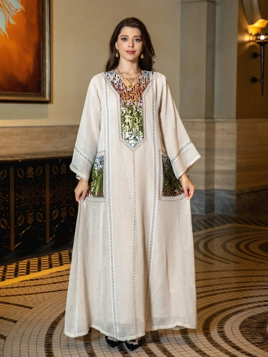 Siskakia Sequins Patchwork Abayas For Woman Dubai Luxury 2025 V-Neck Moroccan Kaftan Dress
