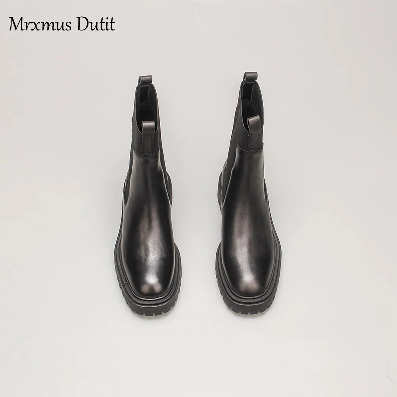 Mrxmus Dutit 2023 Autumn Winter New Fashion Women Genuine Leather Round Head Mid Heel Boots Simple Casual Shoes Female Chic