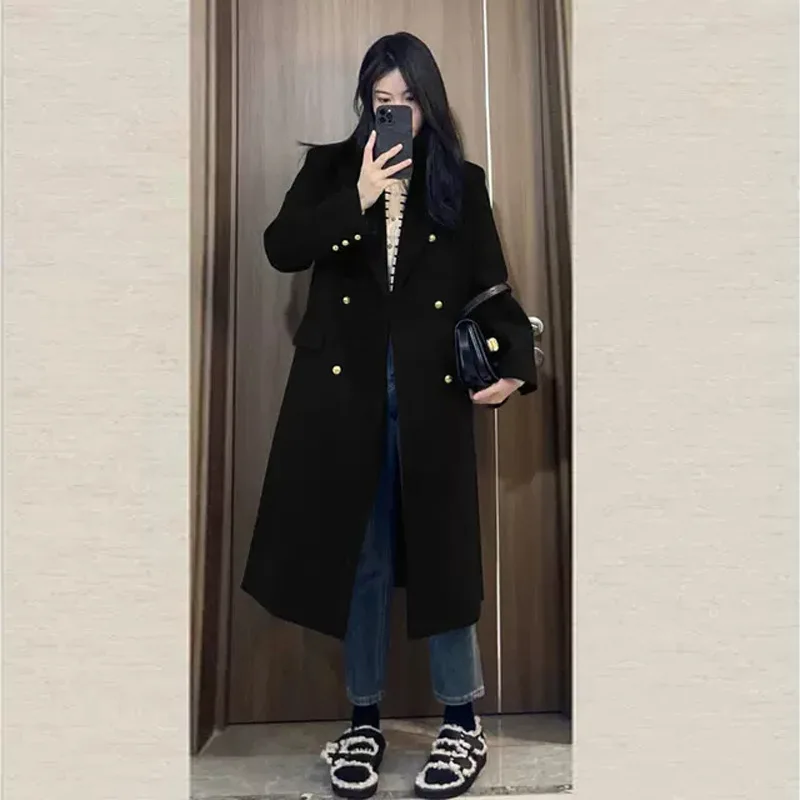 

Anti-season black woolen coat women's autumn and winter woolen coat Korean small man advanced sense 2024 new temperament