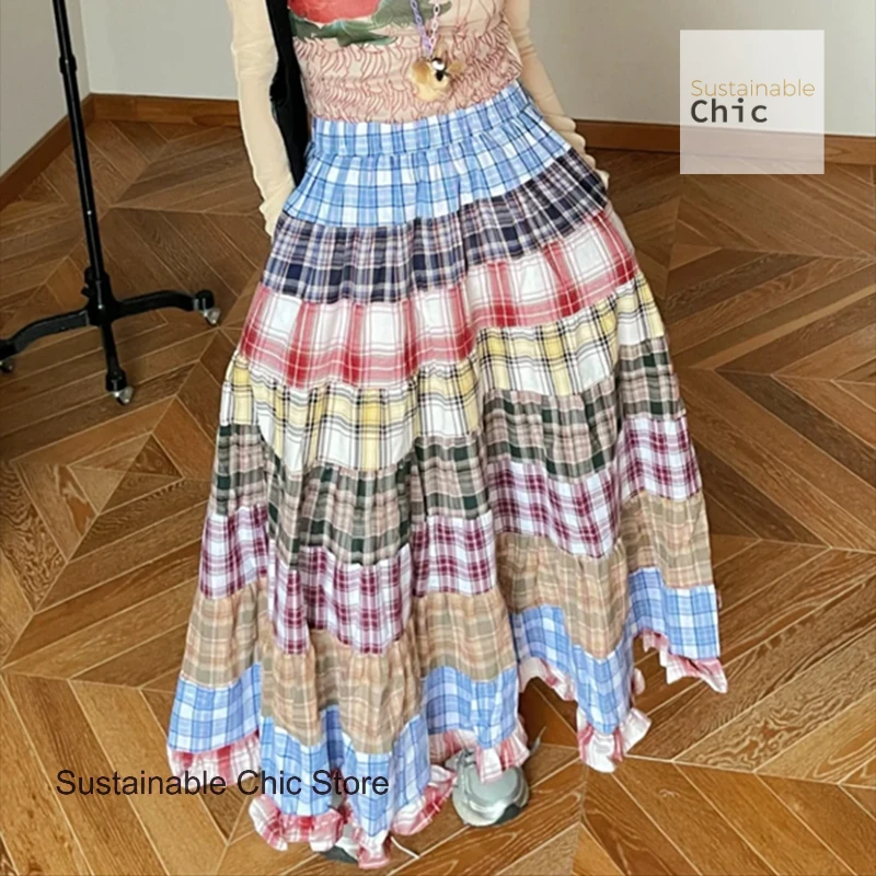 

Checked sweet and gentle wind stitching skirt female summer elastic waist slim Joker Mori fresh and fashionable big swing dress.