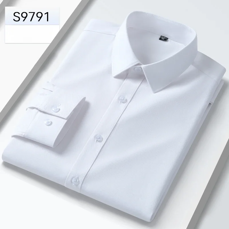 Camisas de manga larga de alta calidad para hombres, camisa formal de lana suave, ajustada, color sólido, ropa de diseñador de oficina, tops blancos Casuales