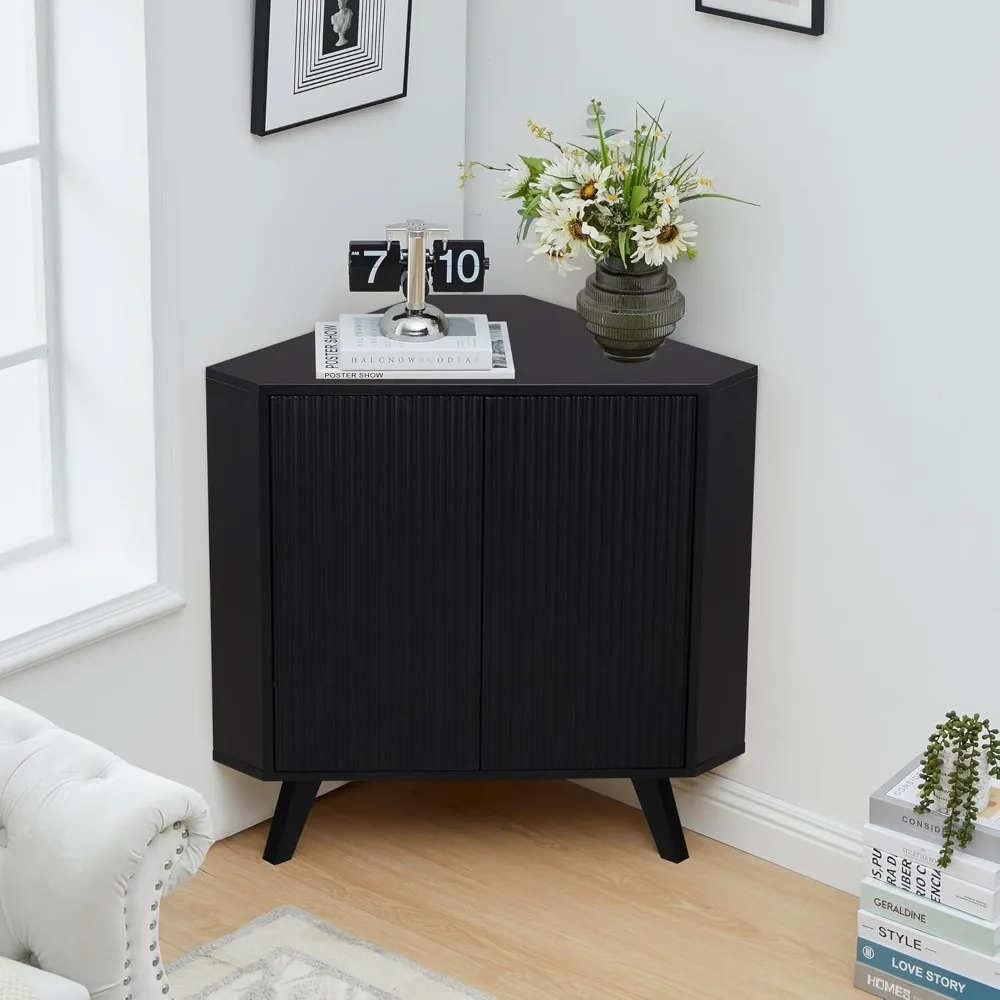 

Fluted Floor Corner Cabinet, Small Corner Floor Cabinet with Adjustable Shelve, Freestanding Narrow Cabinets Organizer for Livin