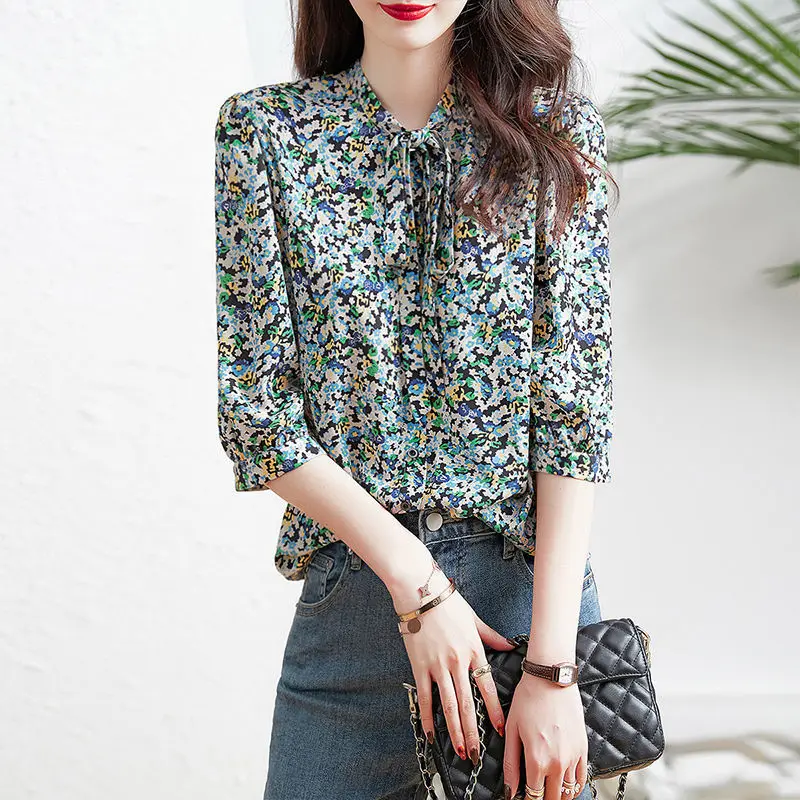 Korean Elegant Floral Button Shirt Women\'s Clothing 2023 Casual Summer Fashion Vintage Lacing Female Half Sleeve Chiffon Blouse