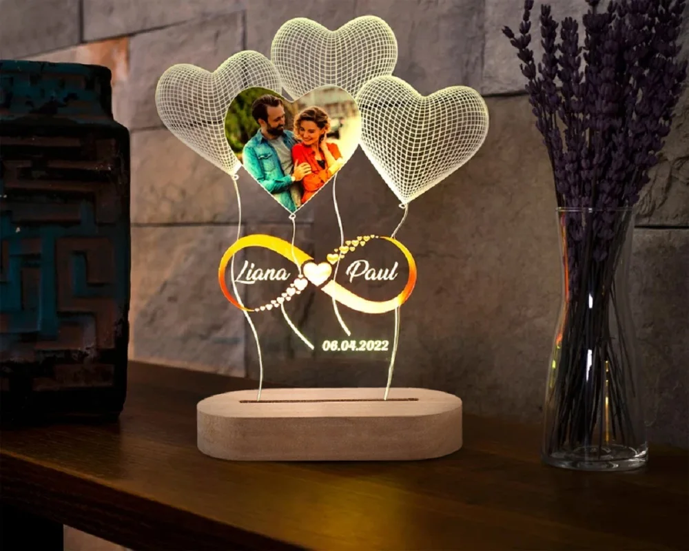 3D Photo Lamp Custom Photo And Text Engrave Wooden Base Customized Valentine\'s Day Wedding Anniversary Birthday 3D Lamp Gifts