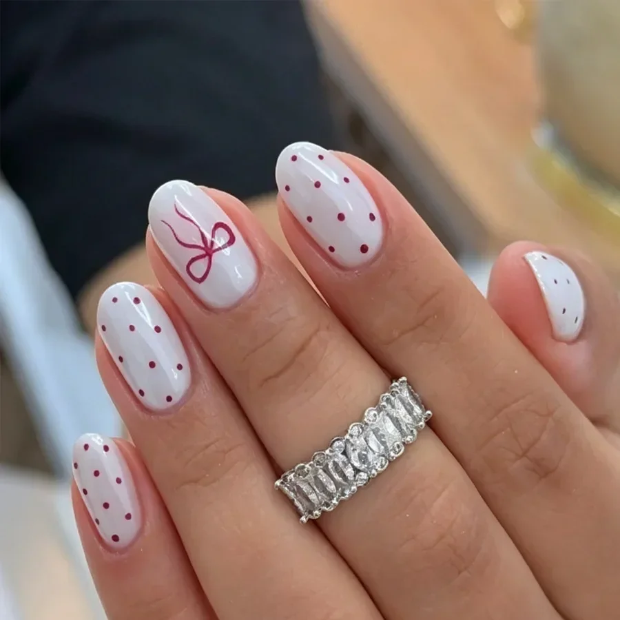 White Press On Nails Oval Shape Burgundy Polka Dot Bow Print False Nails Minimalist Cute Fake Nails Reusable Easy Apply JT39