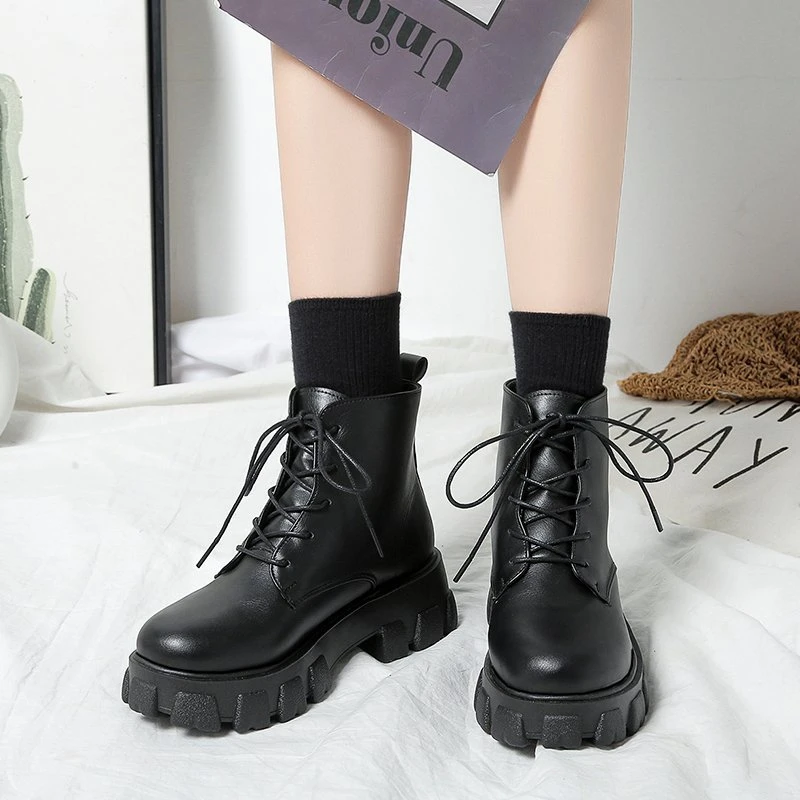 2022 New Women Black Ankle Boots PU Leather Thick Sole Lace Up Combat Booties Female Autumn Winter Platform Shoes Woman