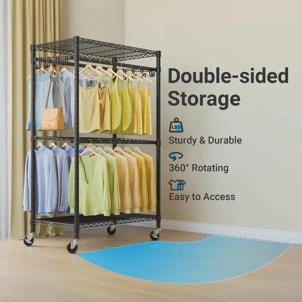 رف ملابس متحرك عالي التحمل على الوجهين مع أرفف قابلة للتعديل وقضبان تعليق، هيكل معدني لحل التخزين المتين