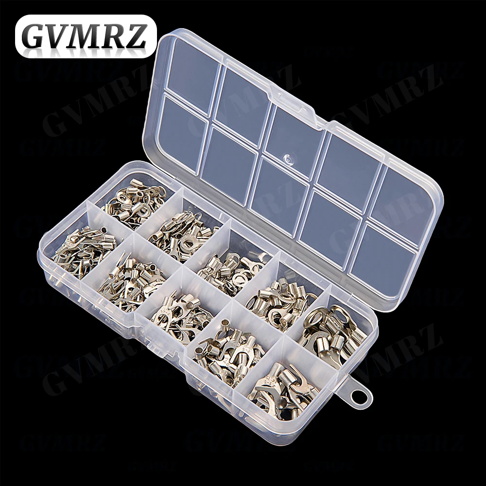 320PCS Non-Insulated Copper Wire Crimp Terminals Connectors Kit Ring & Fork U Shaped O Shaped Cold Pressed Bare Terminals