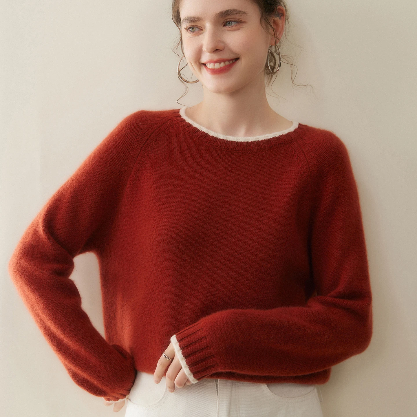 

O-neck Raglan Sleeve Color-Block Pullover Women's 100% Cashmere Stylish Feminine Sweater Autumn Winter Casual Warm Knitwear Top