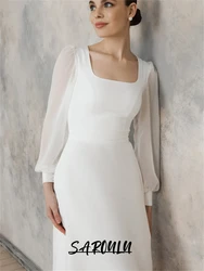 Simple Chiffon Wedding Dress With Square Neckline, Tea Length Reception Bride Dress With Full Lantern Sleeves Custom Made