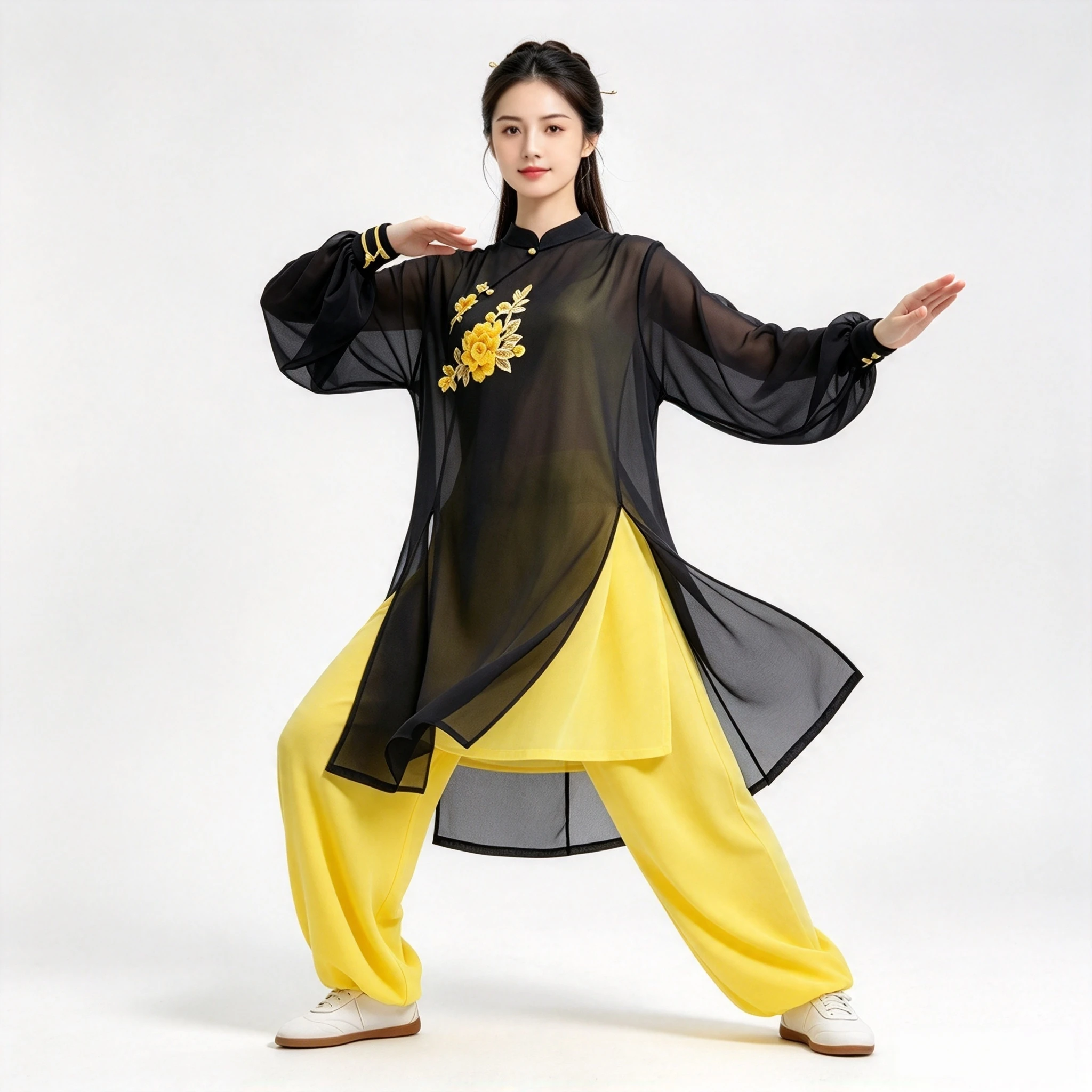 Mid Length Tai Chi Uniform For Women Spring Autumn Ba Duan Jin Martial Arts Printed Embroidery Performance Practice Clothing