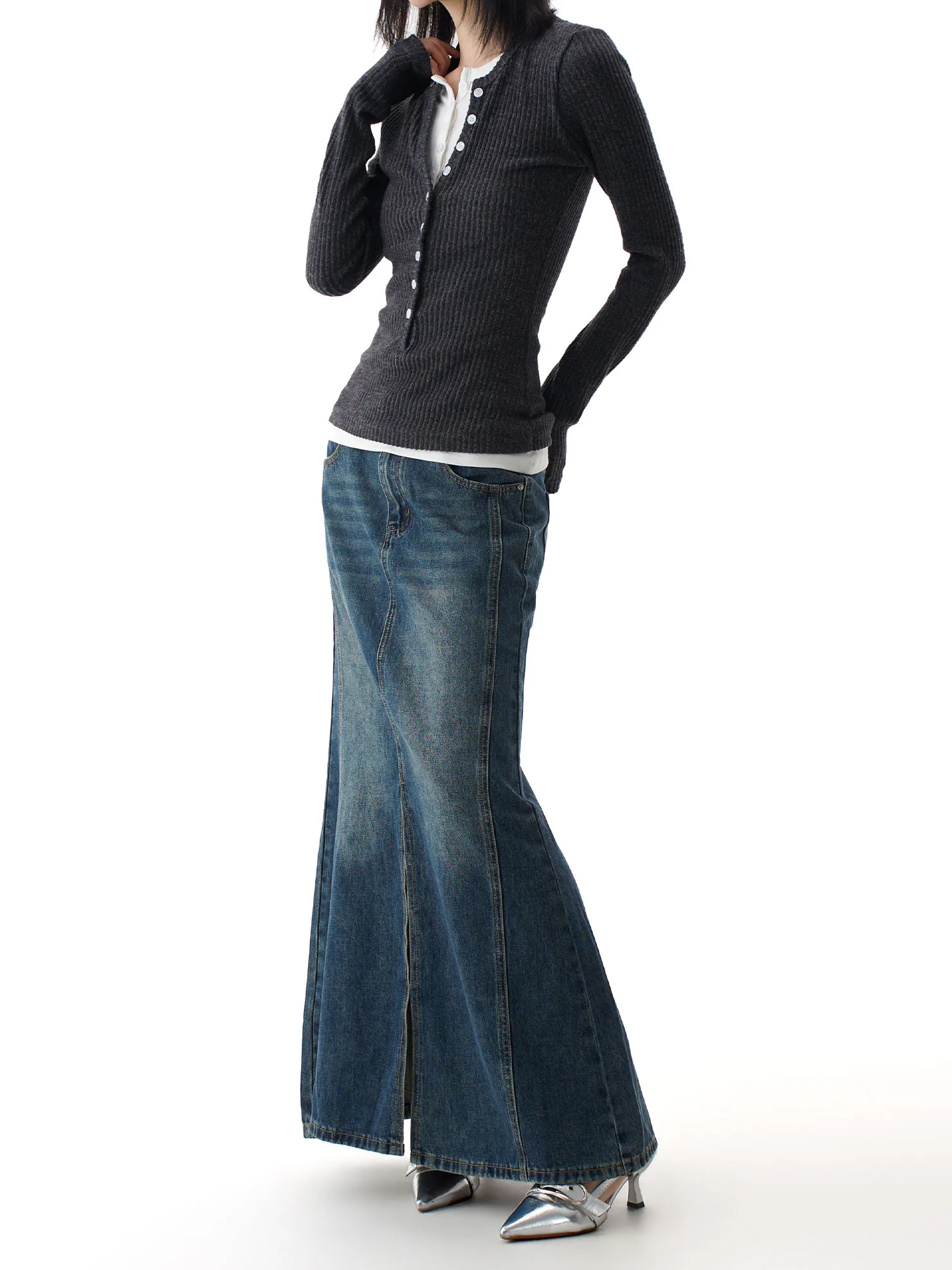 

AGUA Women's Fi Tail f Skirt Spring 2026 Casual High Waist Mid-Length Denim Skirt Slimming Versatile Front Slit