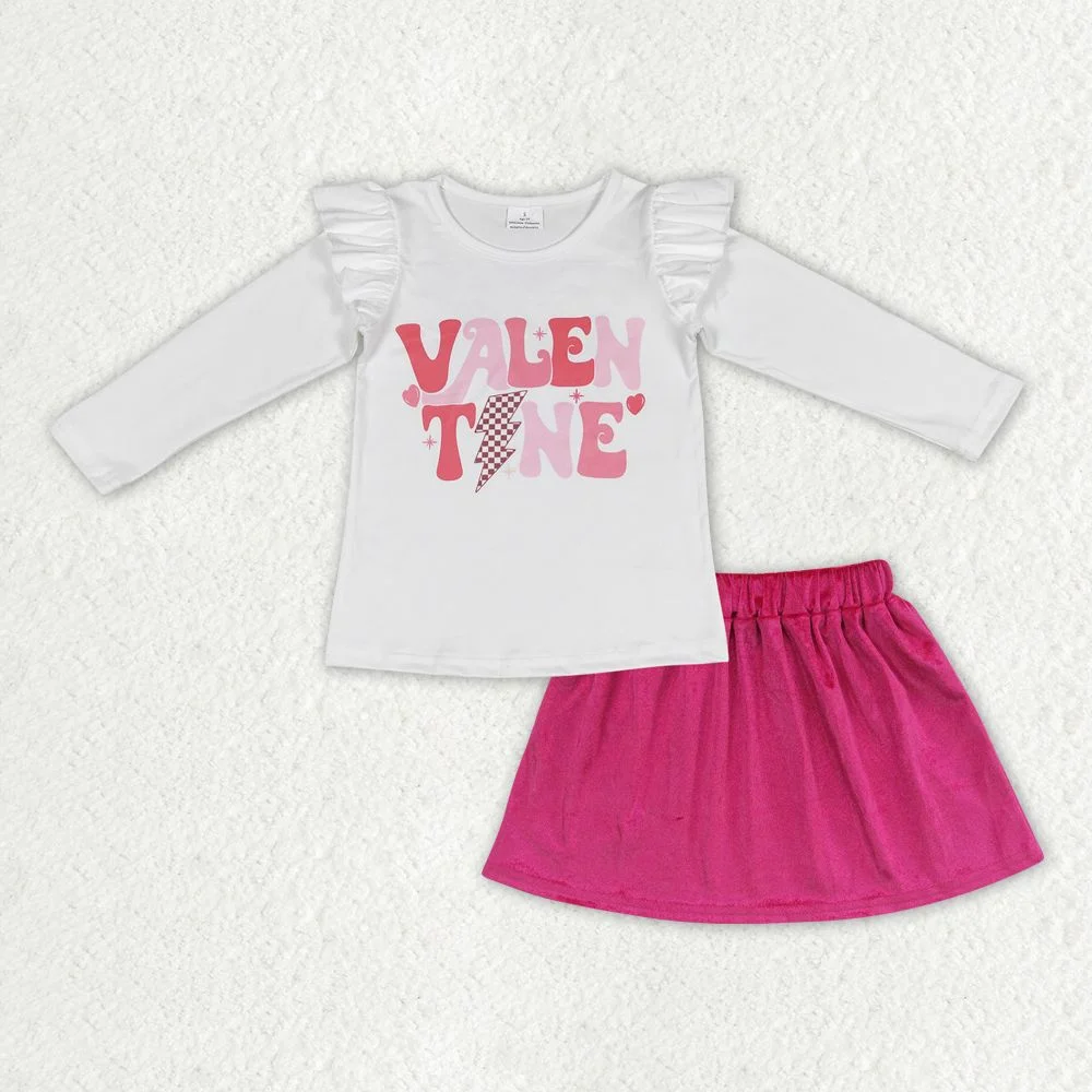 

Western Baby Girls Valentine Letter Lightning Lace Long Sleeve Rose Red Gold Velvet Dress Set Wholesale Boutique Children RTS