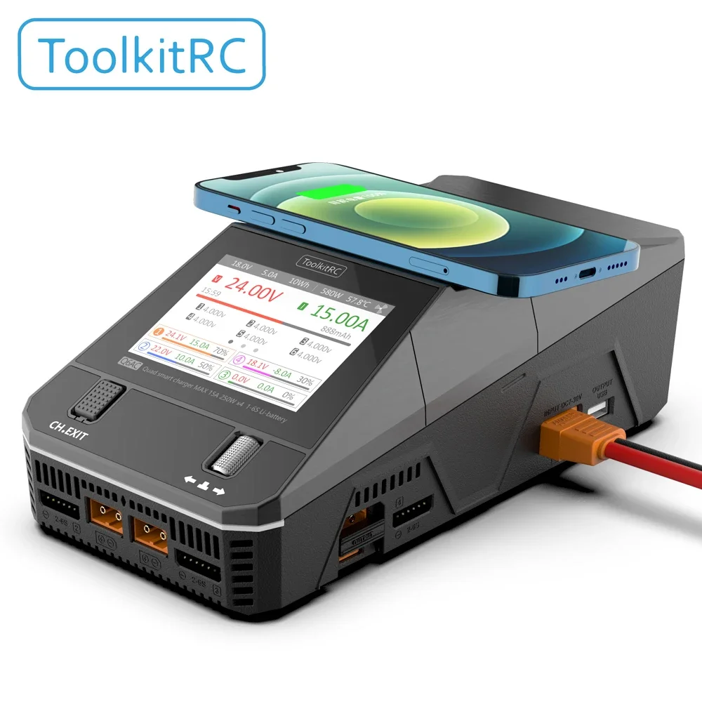 

ToolkitRC Q6AC Charger AC 400W/DC 1000W 4CH output Built-in 65W USB A/TYPEC Output ,LiPo, 1-6S，NiMH 1-16S,PB 1-10S Charger