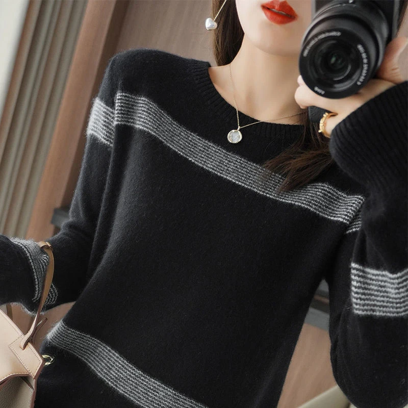 Autumn Winter Elegant Fashion Patchwork Warm Sweater Lady Long Sleeve All-match Jumper Knitting Top Women Loose Casual Pullover