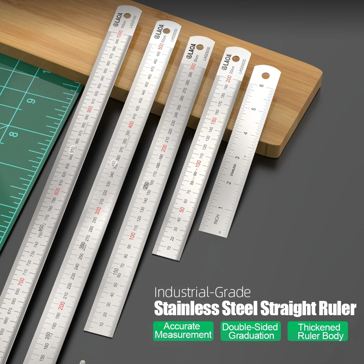LAOA Thickened Industrial Stainless Steel Straight Ruler Double Sided Marking High Precision Measuring Tool