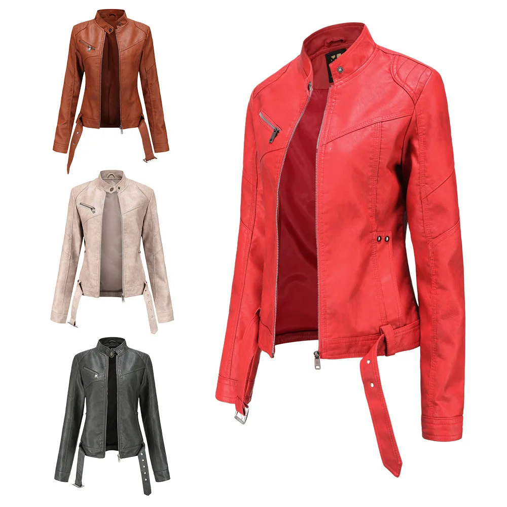 Spring and Autumn Jacket Female Casual Jacket Biker Leather Jacket Large Size Slim Leather Jacket Standing Collar Thin Section