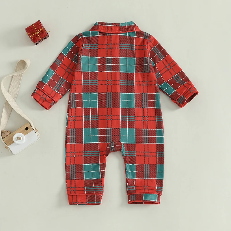 Jumpsuit bayi laki-laki perempuan, baju terusan kancing lengan panjang kasual kotak-kotak merah musim gugur