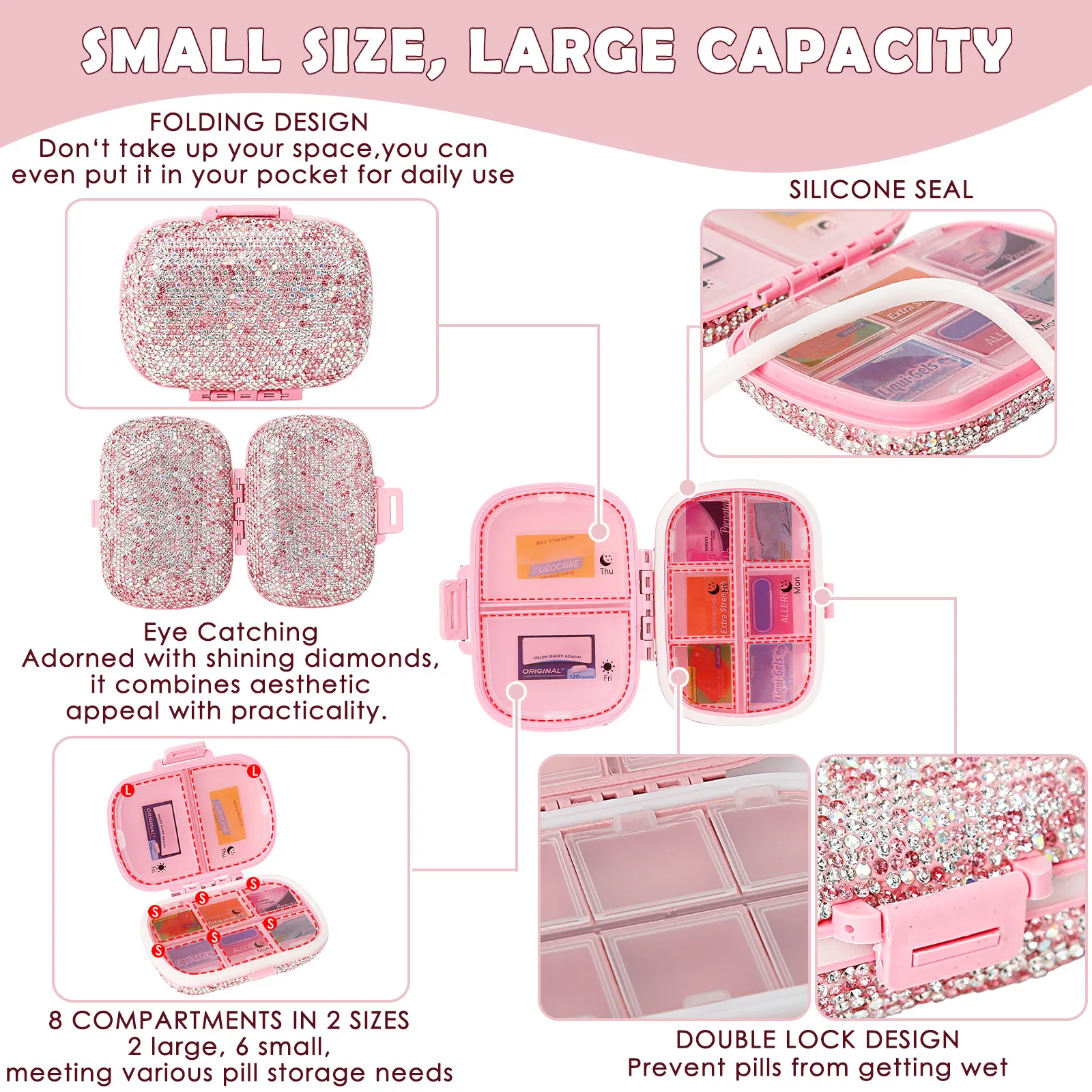 Travel Pill Organizer w/ Rhinestones 175 Medicine Labels 8 Compartments Moisture Proof Pill Case Mini Medication Organizer Set