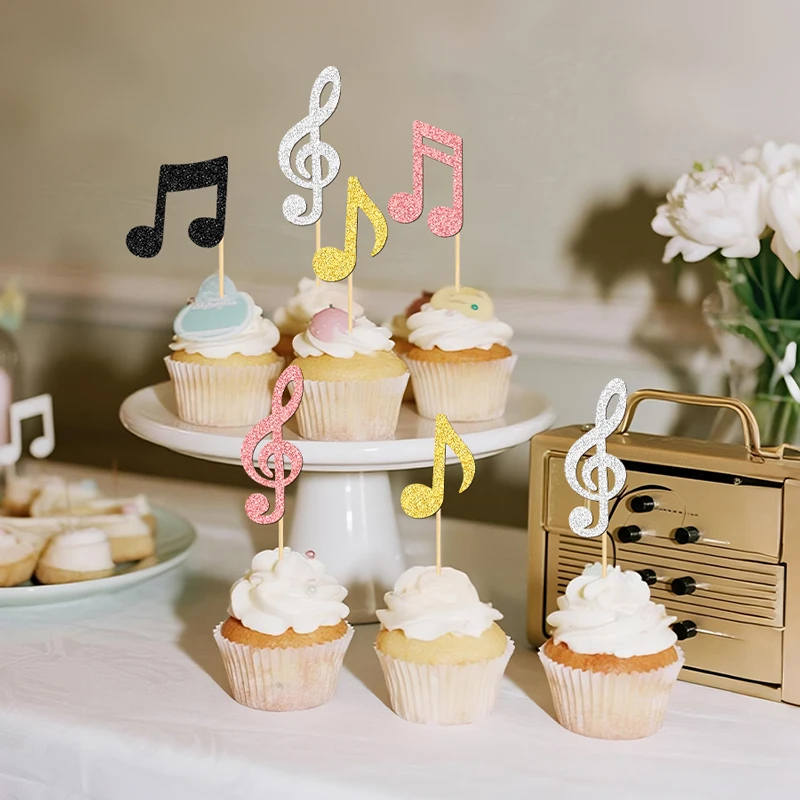 YOMDID 24 Stück glitzernde Musiknoten-Kuchenaufsätze, Bambus-Cupcake-Topper, Cupcake-Picks mit Musik-Thema für Rock-Konzerte, Partyzubehör – Detail 7